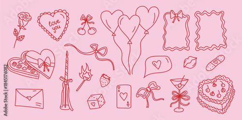 Valentines Day love trendy doodle hand drawn icons set with hearts, gifts and cute romantic elements. Vector isolated