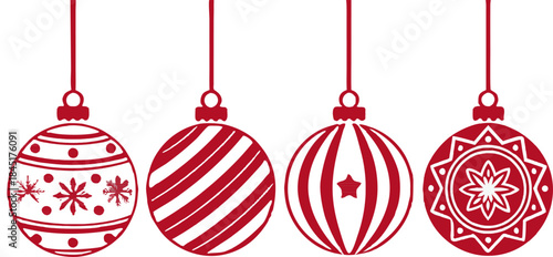 Vector illustration of hanging red Christmas balls, realistic details, no background, clean shiny finish, festive holiday decoration set.