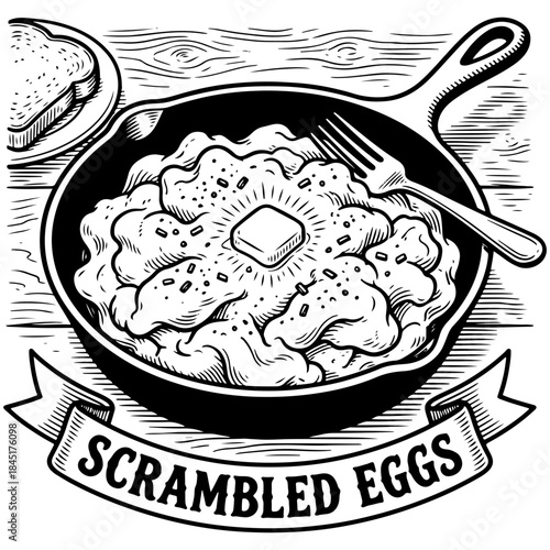 Scrambled eggs in a pan.