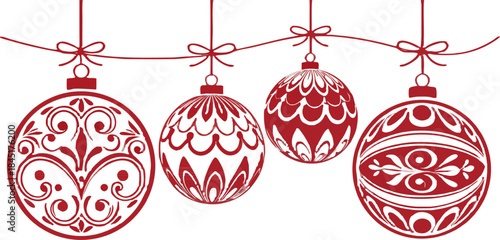 Realistic-style vector Christmas balls set, red hanging baubles, no background, smooth shiny texture, clean festive ornament design.