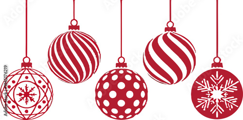 Red Christmas balls vector set with realistic details, hanging ornaments, no background, clean shiny festive holiday design elements.