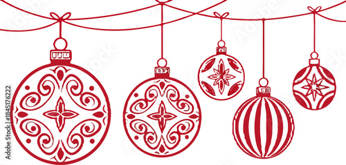 Vector set of realistic red Christmas baubles, hanging ornaments, no background, clean glossy finish, detailed festive holiday decoration elements.