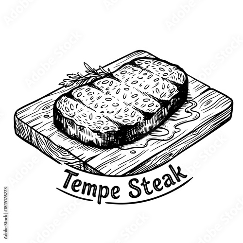 Tempe steak on wooden cutting board.