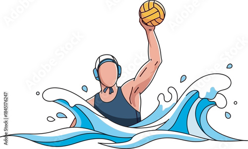Minimalist Water Polo player vector outline with orange accents, rising from blue stylized waves, ball raised to shoot. Great for sports logos, decals, or clean athletic branding and apparel.