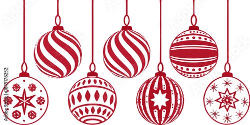 Vector illustration of red Christmas baubles set, realistic hanging ornaments, no background, glossy surface, detailed holiday decoration.