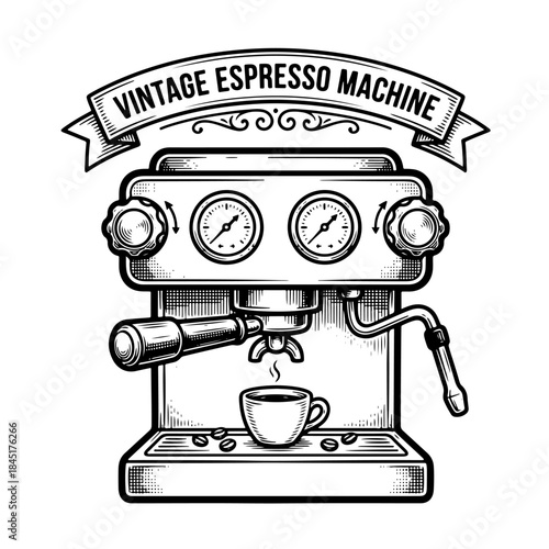 Vintage espresso machine with cup.