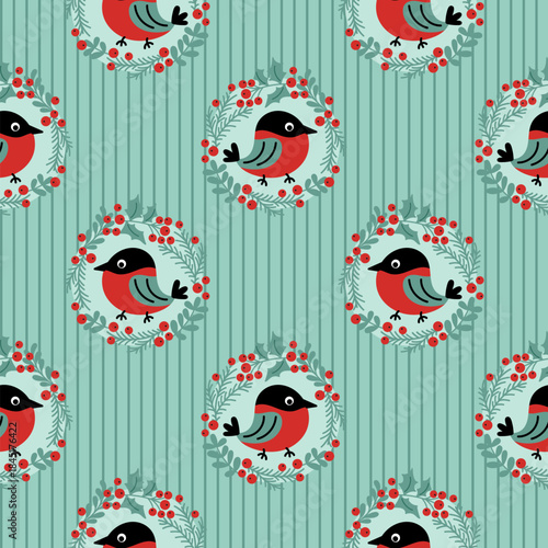 Bullfinch cute vintage seamless pattern