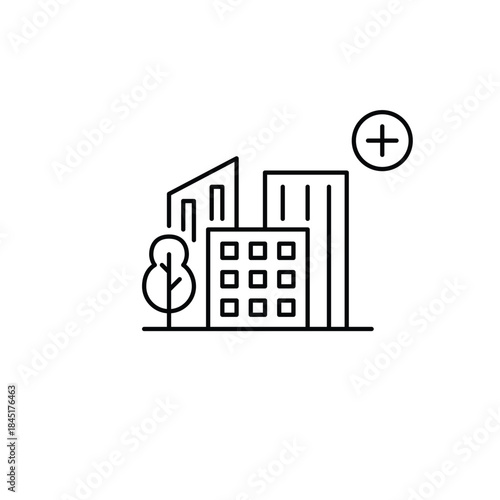 City skyline and plus symbol. Urban growth, city extension. Community upgrade. Pixel perfect, editable stroke vector icon