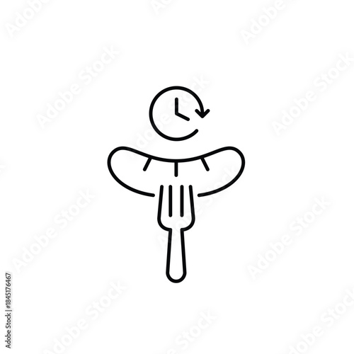 Beer sausage on fork and clock. Food scheduled delivery and meal pick-up on time. Pixel perfect, editable stroke vector icon