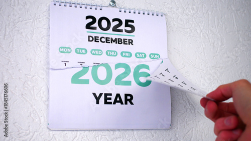 Canvas Print A male hand tearing off a wall calendar December page 2025 followed by the next