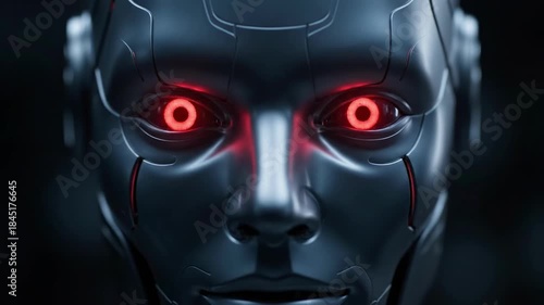 Extreme close up of futuristic robot face with eyes changing color from blue to red