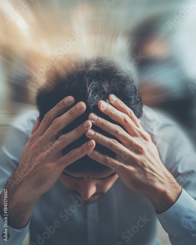 Stressed office worker holding their head under mental pressure. AI-generated image