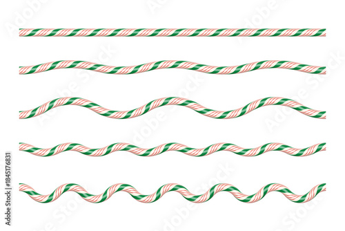 Red, green and white candy cane ropes in various wave patterns. Festive twisted lines for Christmas borders, dividers, decorative holiday designs. Realistic vector illustrations set.