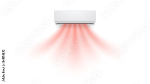 Air conditioner airflow shown as warm red streams coming from wall mounted unit. Image displays soft dispersion of heated air in clean minimal composition. Modern vector illustration.