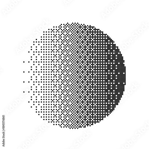 Pixel gradient circle background. Black and white dotted sphere with optical illusion and depth effect. Abstract digital pattern for modern graphic design. Vector illustration.