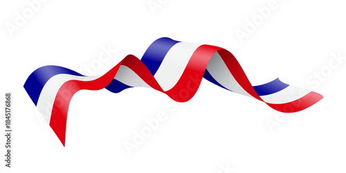 France flag ribbon in blue, white, red colors. Wavy tricolor banner with dynamic curves, symbolizing French national pride and celebration. Patriotic festive decoration. Realistic vector illustration.