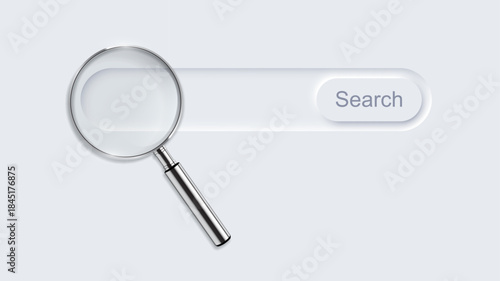 SEO background. Search magnifying glass interface on light with large lens placed over search bar. Marketing modern UI element. Minimal vector illustration in neomorphism style.