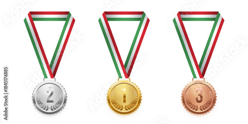 Gold, silver, and bronze medals. Realistic 3D award medals with ribbons, symbolizing first, second, and third place in sports, competitions, and athletic events. Vector illustration.