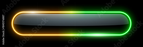Neon glow light rounded rectangle frame. Led rectangular game button. Green yellow light outline on black with soft luminous effect. Futuristic UI element. Colorful geometric vector illustration.