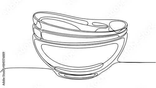 Drawing of several stacked bowls. The illustration uses a single, continuous black line on a white background
