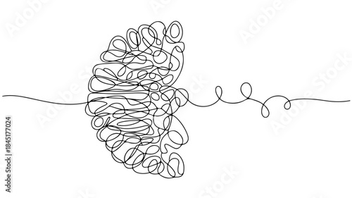 one-line drawing of a tangled ball of yarn or thread with a single, trailing line