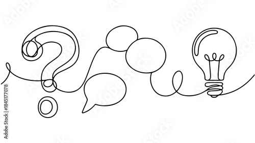  a minimalist one-line drawing depicting the process from inquiry to ideation, featuring a question mark, several speech bubbles, and a lightbulb connected by a single, continuous black line.