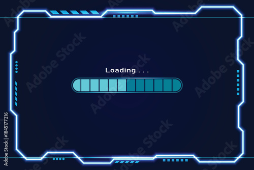 Loading bar. Retro sci-fi background. Glowing neon grid and stars from computer games.