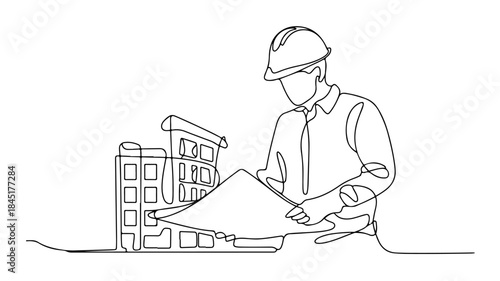 one-line drawing of an architect or engineer on a construction site