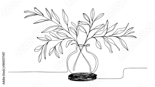 a minimalist one-line drawing of several leafy branches in a round glass vase