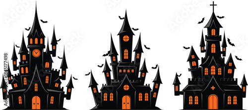 Haunted Gothic Castle Set Illustration with Spooky Halloween Architecture, Dark Fantasy Buildings, Bats, and Glowing Windows