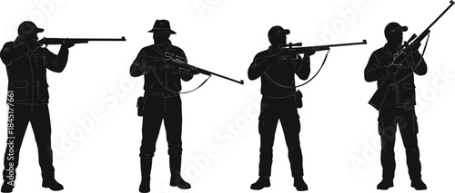 Military soldier silhouettes holding rifles in different shooting poses, armed forces combat stance vector illustration set.