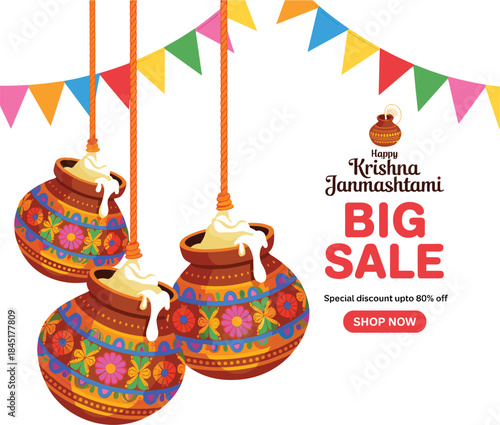 Krishna Janmashtami Big Sale Banner with Decorative Dahi Handi Pots and Festive Elements