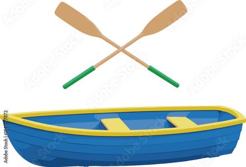 Rowboat with crossed wooden oars vector illustration, small blue fishing boat design isolated on white background