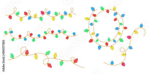 Winter lights set. Garlands with colored bulbs, festive Xmas string decoration, round form framr for christmas garkand, vector flat