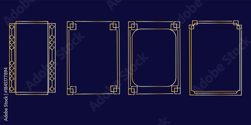 Golden frame set, thin line gold borders in art deco style. Luxury premium vector outline geometric rectangle. Linear decorative banners