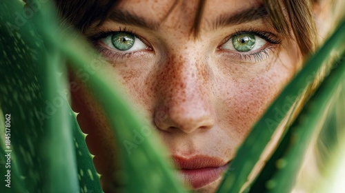 Woman's face with striking green eyes framed by aloe vera leaves