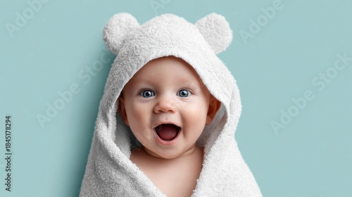 Happy baby wearing a hooded towel with bear ears, smiling and looking at the camera