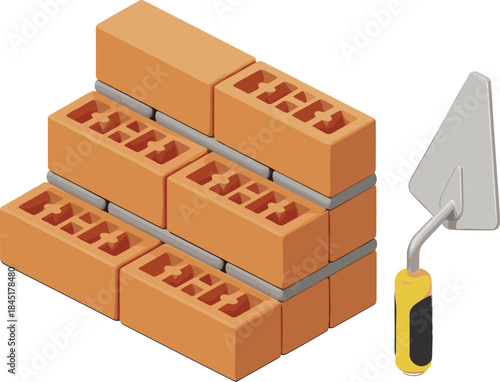 Stacked clay bricks with construction trowel vector illustration, masonry tools and building materials isolated on white background