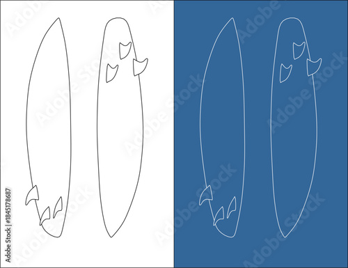 Drawing of Surfboard Design with Three Fin Setup on White and Blueprint Background