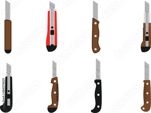 Utility Knife Set Collection Vector Illustration with Different Box Cutter Designs Isolated on White Background