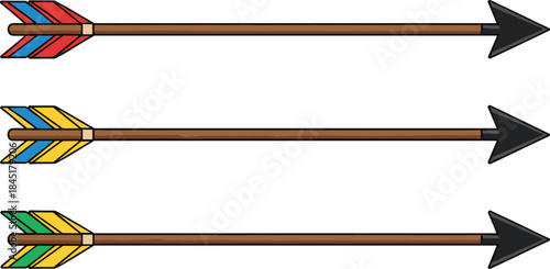 Wooden arrows with colorful fletching set, archery equipment vector illustration isolated on white background for sport design.