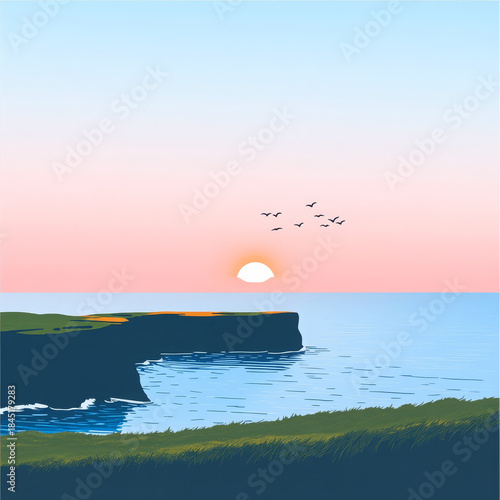 Sunset over high cliffs and calm ocean with birds flying, peaceful and tranquil landscape