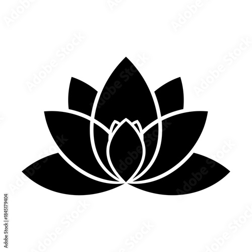 Minimalist black silhouette of a blooming lotus flower, a serene and elegant 2D icon representing purity, spirituality, and inner peace, ideal for wellness and meditation concepts