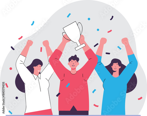 Successful team celebrating victory with trophy flat vector illustration