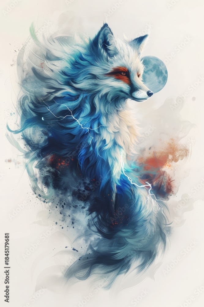 Naklejka premium An abstract portrait of a fox with vibrant blue hair and striking red eyes. The image utilizes a white background for a clean, modern aesthetic.