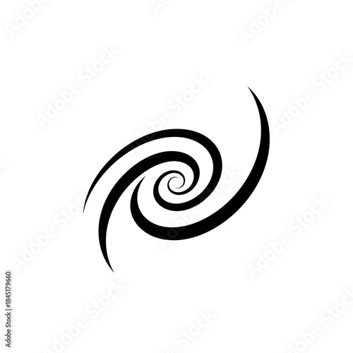 Abstract swirling vortex black graphic icon representing motion and cosmic phenomena on a white background