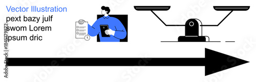 Legal services, business decisions, justice, document management, progress, and ethics. A professional holds documents beside a justice scale and forward arrow. Legal services and justice concept
