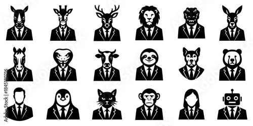 Corporate Animal Character Icons in Business Suits with Robot and Humans