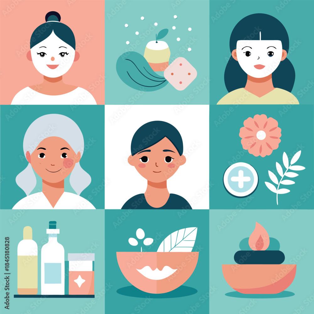Obraz premium A collage of flat illustrations showing natural beauty, wellness, and diverse people enjoying a spa routine