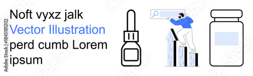 Healthcare, technology, online search, innovation, medical trends, pharmaceuticals. Individual searching on a bar chart, eye dropper medicine container icons. Technology and healthcare